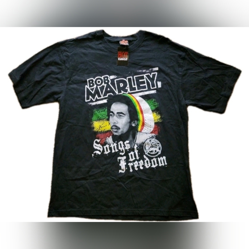 Hot Eagle Bob Marley Songs of Freedom Vintage Graphic Black T-Shirt Size XXL New